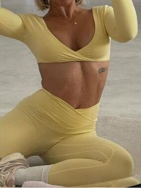 SASKI Butter Yellow Seamless Cropped Wrap Top & High-Waist Leggings Set